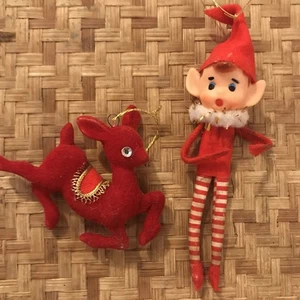 Vintage Pixie Elf With Flocked Deer Red Felt Japan - Picture 1 of 5