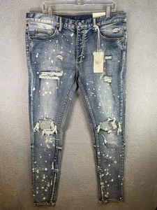 MNML Jeans Mens 36 Blue Tapered Ankle Zips Distressed Stretch Denim Pants Moto - Picture 1 of 14