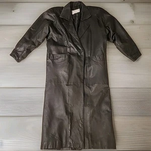 Vintage B.B. Dakota Pret A Porter Long Trench Black Leather Jacket Womens XS - Picture 1 of 8