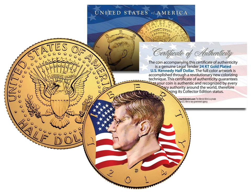 Colorized * FLOWING FLAG * 2014 JFK Kennedy Half Dollar Coin 24K GOLD PLATED (D) - Image 1 of 1