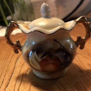 Vintage Mini Sugar Bowl Fruit Bouquet Gold Filigree - Picture 1 of 2