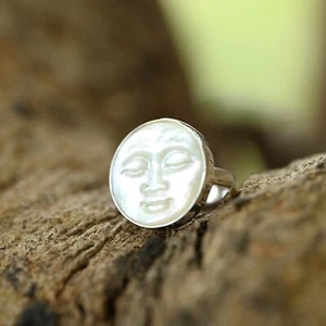 Anillo madreperla cara luna tallada a mano regalo joyería plata esterlina 925 - Imagen 1 de 6