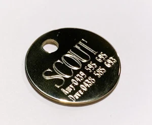 SALE PET TAG DEEP METAL ENGRAVED SOLID BRASS DOG CAT ID TAG ROUND NAME & PHONE - Picture 1 of 8
