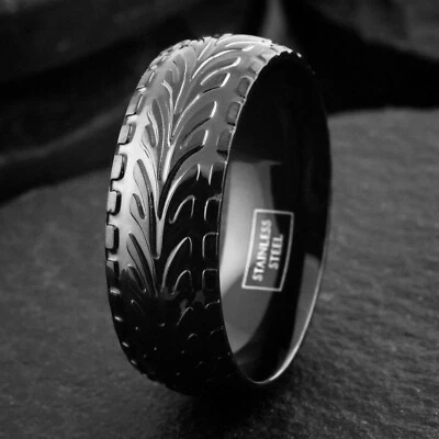 Black Stainless Steel Men's Tire Track Tread Wedding Band Ring Size 8 -15 - Image 1 of 3