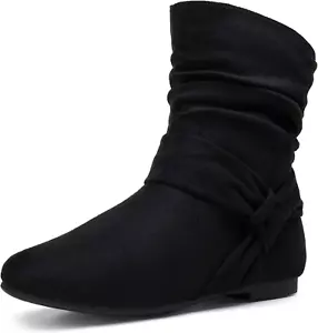 Women'S Slouch Ankle Flat Boots Fashion Short Low Heel Zipper 939A Booties - Picture 1 of 8