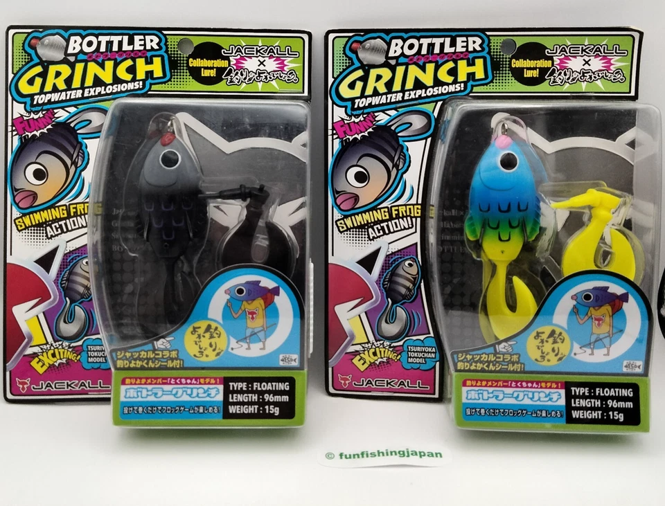 Lote de 2 señuelos de pesca JACKALL Frog Bottler Grinch Japón nuevo cebo de agua superior difícil de encontrar raro Foto 1 de 4