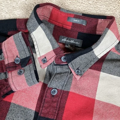 EDDIE BAUER Mens TL Large TALL Slim Fit Red Plaid Cotton Flannel Pocket Shirt - Image 1 of 4