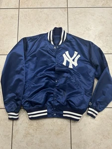 VINTAGE 80s New York Yankees STARTER Satin Jacket Large Button Bomber USA Made - Bild 1 von 16
