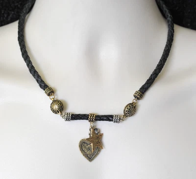 Джудит Рипка неподписанный черный кожаный ожерелье подвеска ошейник воротник сердце звезда - Изображение 1 из 4