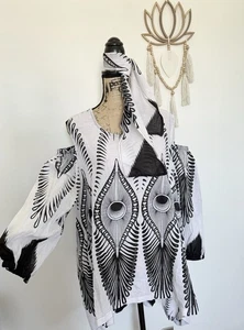 Black | White Peacock Cold Shoulder Tunic Oversized Airy Blouse + Bandana Sz 1X - Picture 1 of 8