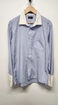 Christian Dior Men's Long Sleeve Dress Shirt, Size 17 34, Blue/ White. Stained - Image 1 of 4