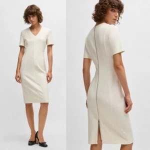 NWT BOSS $499 Damaisa Dress V-neck in Stretch Fabric Ivory White Size US 10 - Picture 1 of 12
