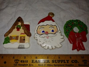 VTG Set of 3 Plaster Chalkware Handpainted Christmas Ornament Santa House Wreath - Picture 1 of 7