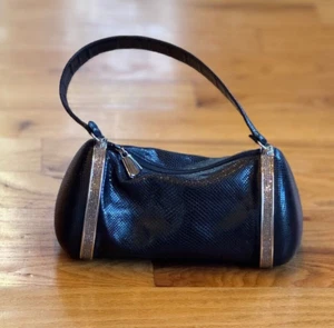 Cartera de Hombro Judith Leiber Vintage Cuero Lagarto Negro y Cristal Baguette - Imagen 1 de 13