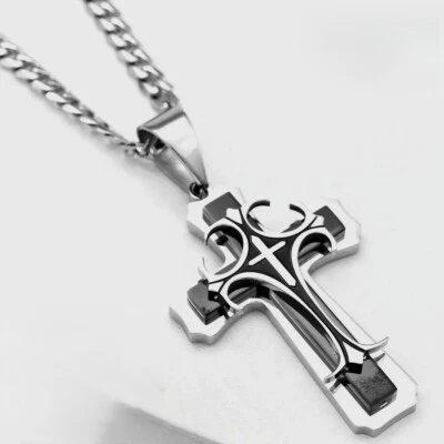 Colgante de ónix CRUZ de acero inoxidable para hombre 24" cadena de bordillo cubano caja de pulido alto Foto 1 de 4