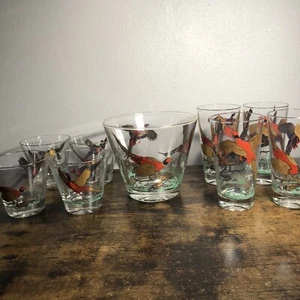 Hazel Atlas Golden Pheasants Set Barware Ice bucket Low- High Ball Glasses Lot9 - Picture 1 of 19