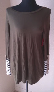 SUN & MOON NWT OLIVE GREEN LONG SLEEVE WOMENS TEE WITH DECORATED CUFFS SIZE SMAL - Picture 1 of 5
