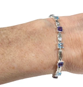Vintage Sterling Designer 3,5 cttw Quadratschliff Blautopas & Iolith Armband 7,5 Zoll - Bild 1 von 11