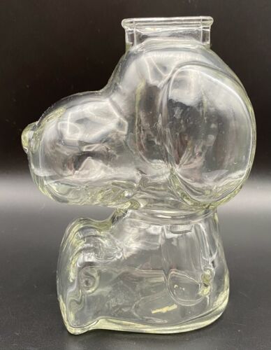 Vintage Peanuts Snoopy Dog Clear Thick Glass Coin Bank 6" Schulz
