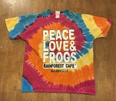 Rainforest Cafe Tie Dye T Shirt Large Peace Love Frogs Vintage Y2K - Image 1 of 4