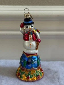 CHRISTOPHER RADKO FROSTY CHIME SNOWMAN BELL HOLIDAY CHRISTMAS GLASS ORNAMENT 5" - Picture 1 of 8