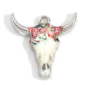 10 hübsche Kuhschädelform silberfarben Charm Anhänger mit Emaille Detail - Bild 1 von 1