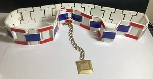 RETRO PLASTIC BELT W/CHAIN RED WHITE & BLUE LENGTH 36”, END OF PLASTIC 29 1/2” - Picture 1 of 8