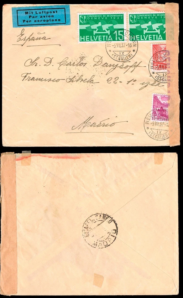 Suiza - Yv 291A+293+A16(2) - 1937 - Carta correo aéreo de Neu St.Johann a Madrid - Imagen 1 de 1