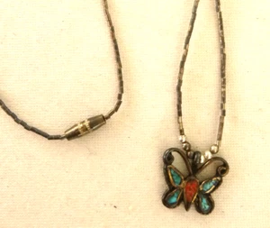 1960s Vint. Navajo Liquid Silver Necklace Butterfly Pendant Turquoise Coral 16" - Picture 1 of 4