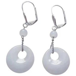 Chinese White Translucent Jadeite Jade Sterling Silver Dangle Leverback Earrings - Picture 1 of 11