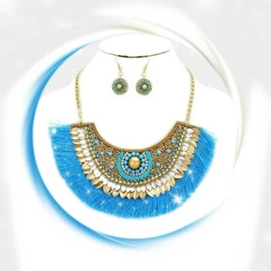 FASHION NECKLACE TURQUOISE Multi Beaded Velvet Back Thread Fringe W/EARRINGS - Picture 1 of 4