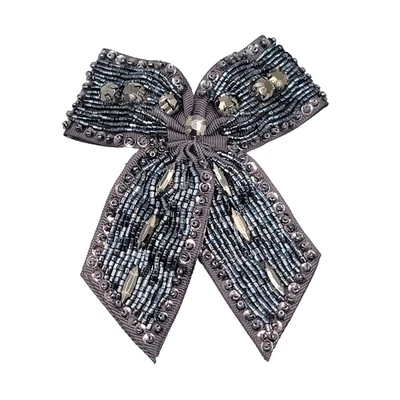 串珠蝴蝶结胸针发夹灰色丝带水钻水晶口音别针 3 英寸 — 第 1/4 张图片