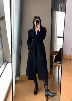 Women's Double Breasted Belted Wool Blend Long Duster Trench Coat Worm Overcoat - Image 1 of 4