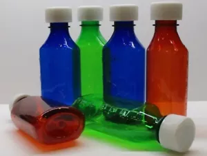 Case of 200 Medicine Plastic Graduated Oval TRI-COLOR MIX Bottles/Caps 4 OZ - Picture 1 of 1