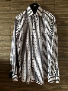 Mens Hawes and Curtis Shirt Blue & White Stripes with 'Teardrop' Pattern Size L - Picture 1 of 9