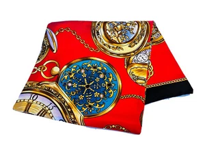Vintage 100% Silk Red Black Blue Pocket Watch Print Scarf - Picture 1 of 2