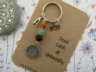 ANGELS & ELEPHANTS Good Luck at University / College Gift, Mandala Keyring, Gemstone, Personalised