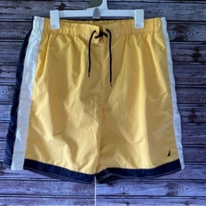 Nautica Men's Swim Trunks Size L Yellow Blue White Pockets Logo Mesh Lining - Picture 1 of 7