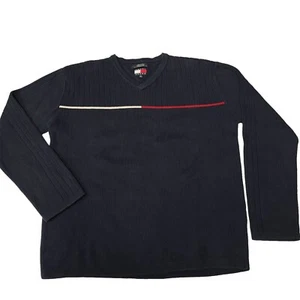 Vtg 90's Tommy Hilfiger Jeans Men Blue KNIT Cotton V-Neck Sweater STREETWEAR XL - Picture 1 of 4