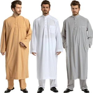 Two Piece Men Thobe Kaftan Long Pants Set Saudi Thobe Jubba Men Muslim Robe Arab - Picture 1 of 44