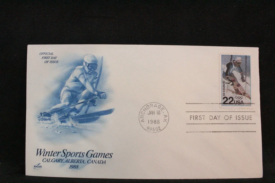 USPS FDC #2369 – 1988 22c Winter Olympics Downhill Skiing ArtCraft ST929 - Image 1 of 3