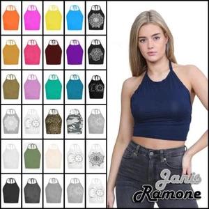 Halter Neck Crop Top Womens Vest Top Plain Tie Knot Top Basic Sleeveless T-Shirt - Picture 1 of 170