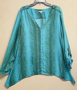 NY Collection Tunic Blouse Top Hi-Low Roll Tab Sleeve Size XL Blue Snakeskin - Picture 1 of 13