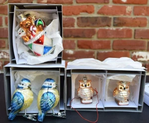 German Glass Christmas Ornaments 2 Bluebirds 2 Owls, 1 Drum with Bear 5 total - Picture 1 of 6
