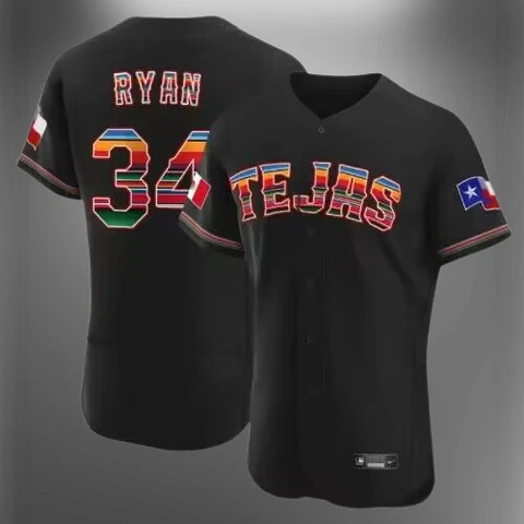 Men's Texas Rangers #34 Nolan Ryan Mexican Black Flex Base Stitched Baseball Jsy Cover