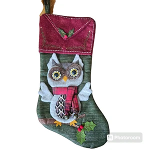 Christmas Stocking Owl With Scarf And Jingle Bells Green Red Fabric - Picture 1 of 7