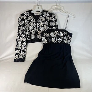 RICHILENE NY Vestido/Bolero Espagueti Bordado Lentejuelas Cuentas Negro Talla 10-Defectos - Imagen 1 de 23