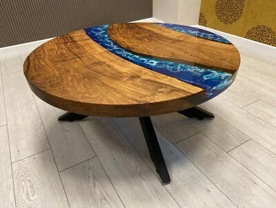 Custom Order Diameter Round Walnut Wood Blue Clear Epoxy Dining Table- Round Epo - Image 1 of 4