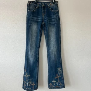Cowgirl Tuff Victory Bling Rodeo Bootcut Jeans Women 27 X 35 Blue Beaded Zip Fly - Picture 1 of 14