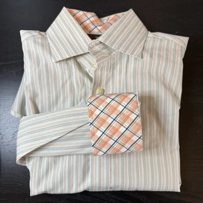 Taylor Byrd Shirt Mens M Orange Green Striped Flip Cuff Button Up Long Sleeve - Image 1 of 4